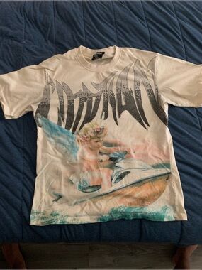 White Graphic Short Sleeve Tee with Angel Jet Ski Motif